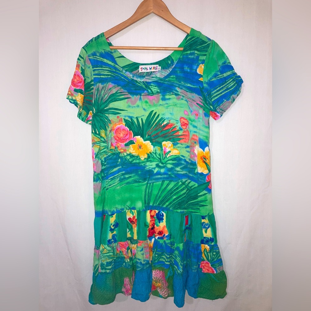 Vintage Jams World Hattie Tiered Dress Vibrant Colorful Tropical Floral XL